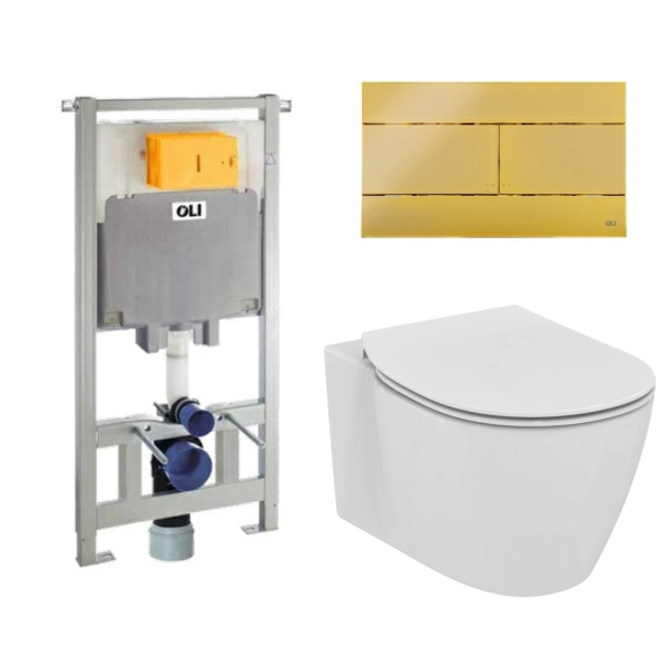 Комплект: инсталляция OLI 80 + клавиша смыва Slim золото + унитаз подвесной Ideal Standard Connect AquaBlade с сиденьем Soft-Close, 885111+154962+E047901+E772401